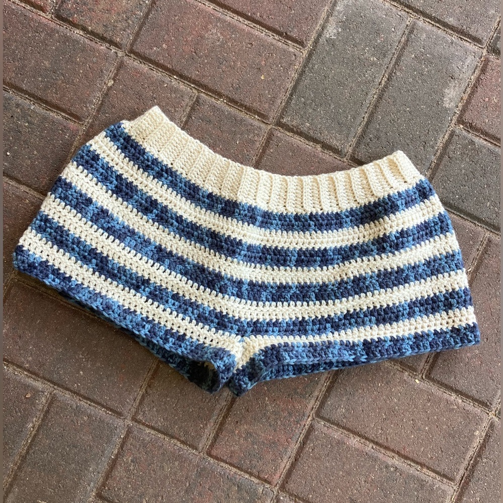 Boho Crochet Coastal Cowgirl Beach Shorts White & Blue Striped Beachy Shorts